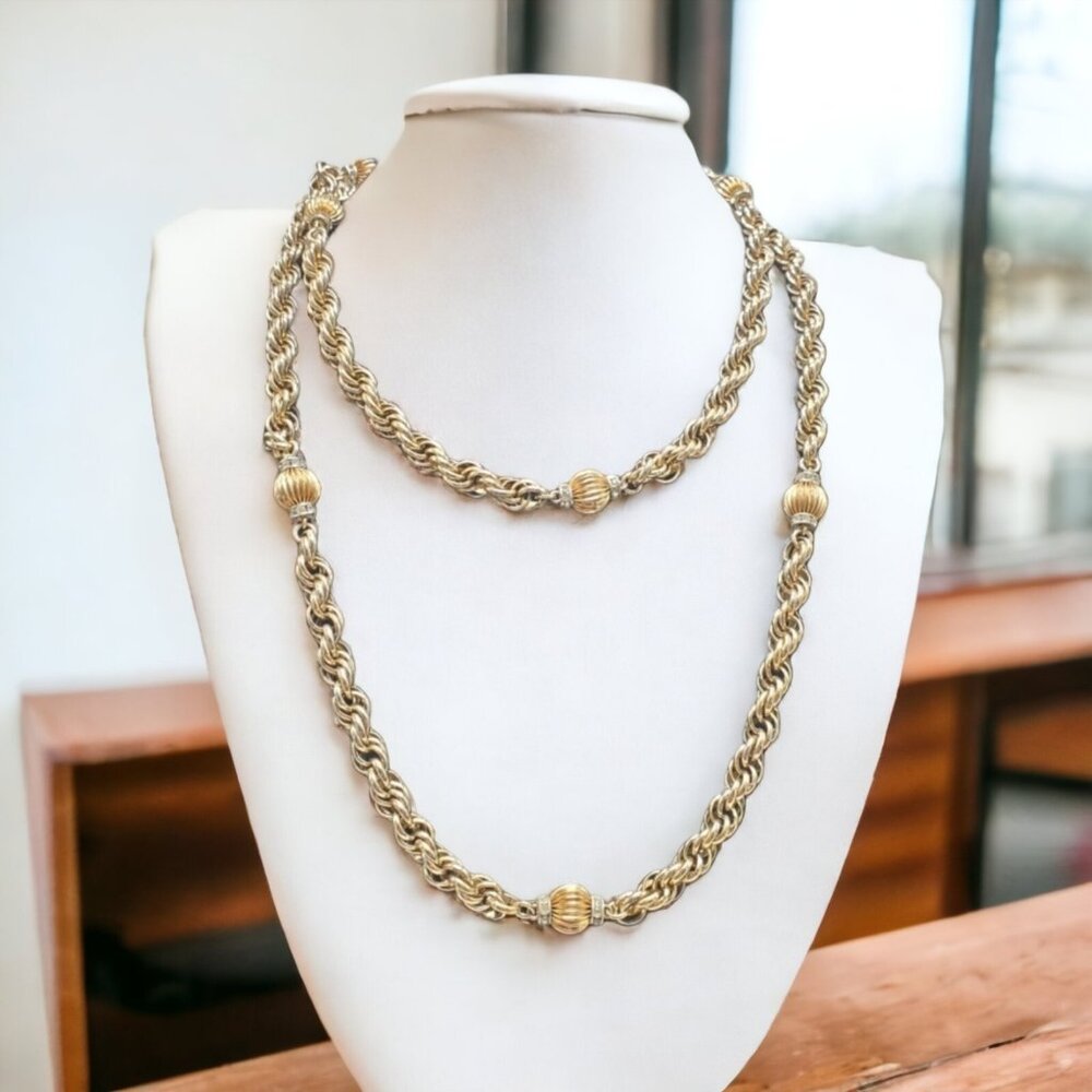 Vtg Signed Eisenberg Gold Tone Necklace Twist Chain Rhinestone Beads 50" Chunky
